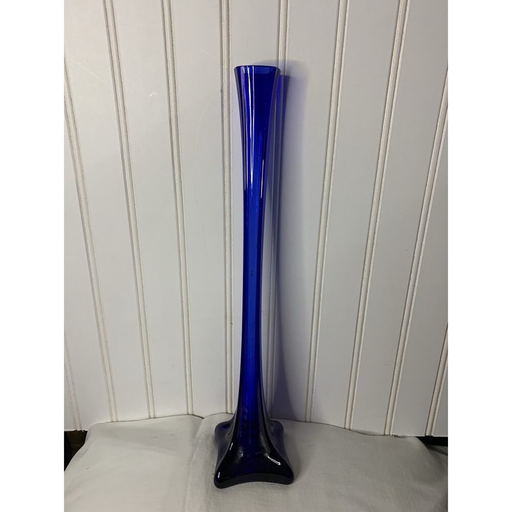 Vintage Cobalt Blue‎ & Clear Art Glass Bud Vase Square 15 3/4” Tall - Picture 4 of 6